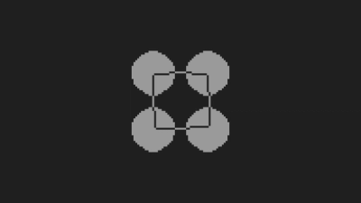 four grey circles interlocked with a square line with a black background
