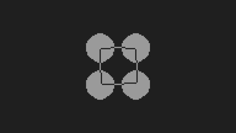 four grey circles interlocked with a square line with a black background