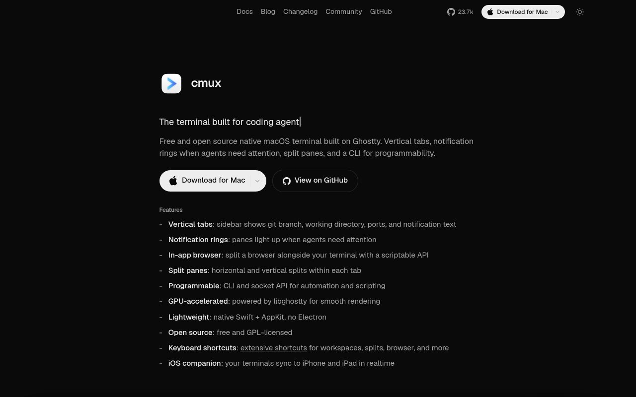cmux — หน้าเว็บ cmux.com terminal สำหรับ coding agents