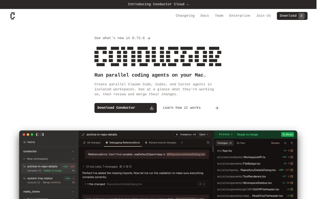 Conductor — หน้าเว็บ conductor.build GUI orchestrator