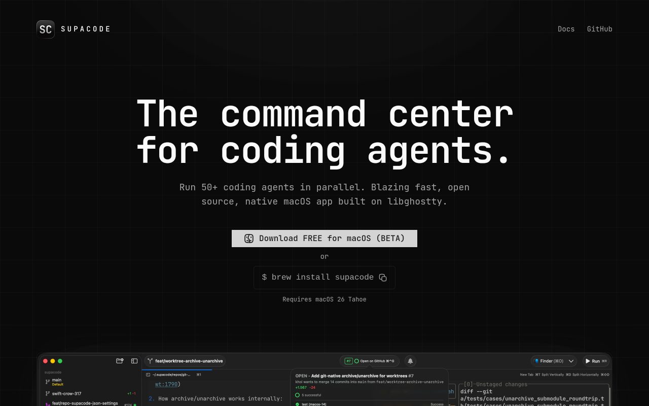 Supacode — หน้าเว็บ supacode.sh (รัน 50+ agents, ต้อง macOS 26 Tahoe)