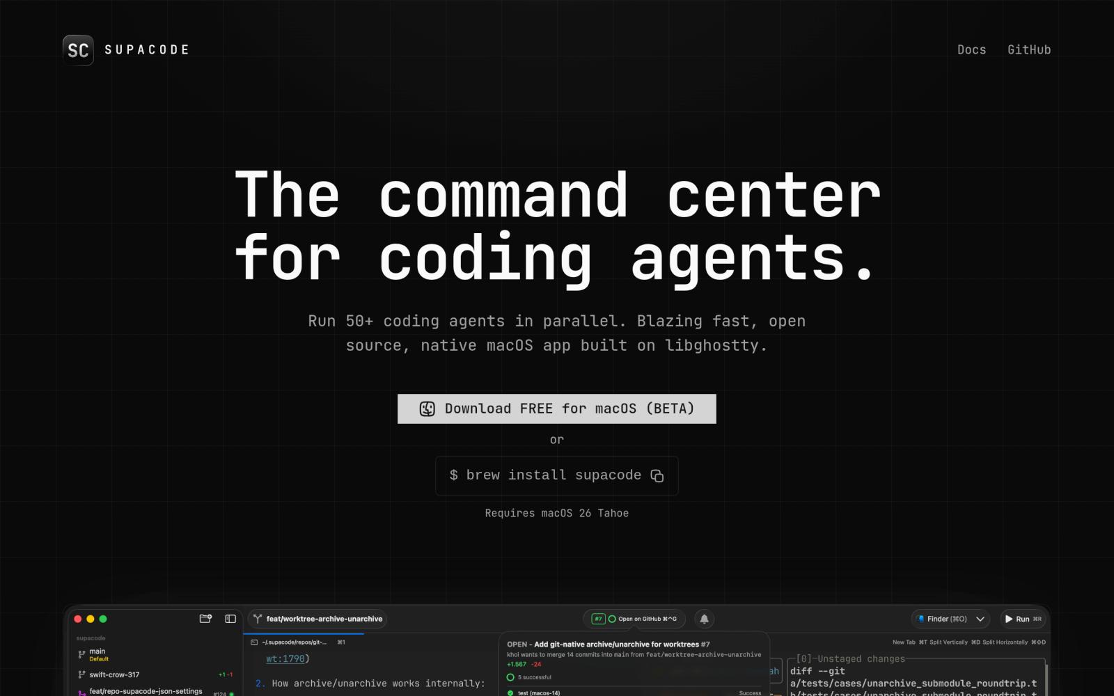 Supacode — หน้าเว็บ supacode.sh (รัน 50+ agents, ต้อง macOS 26 Tahoe)