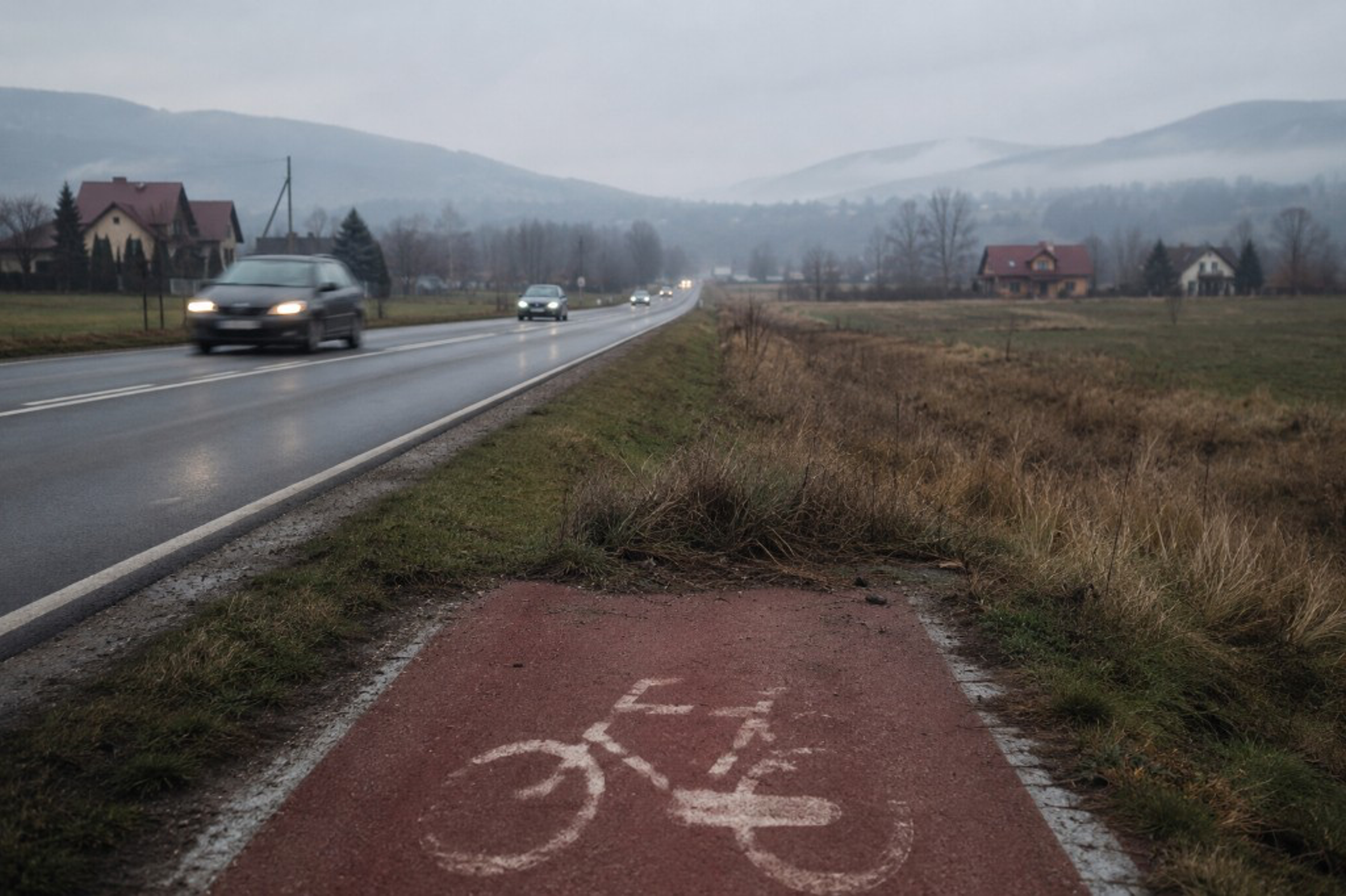 Polska droga z ruchem samochodowym; obok urwana czerwona ścieżka rowerowa z symbolem roweru, kończąca się w trawie