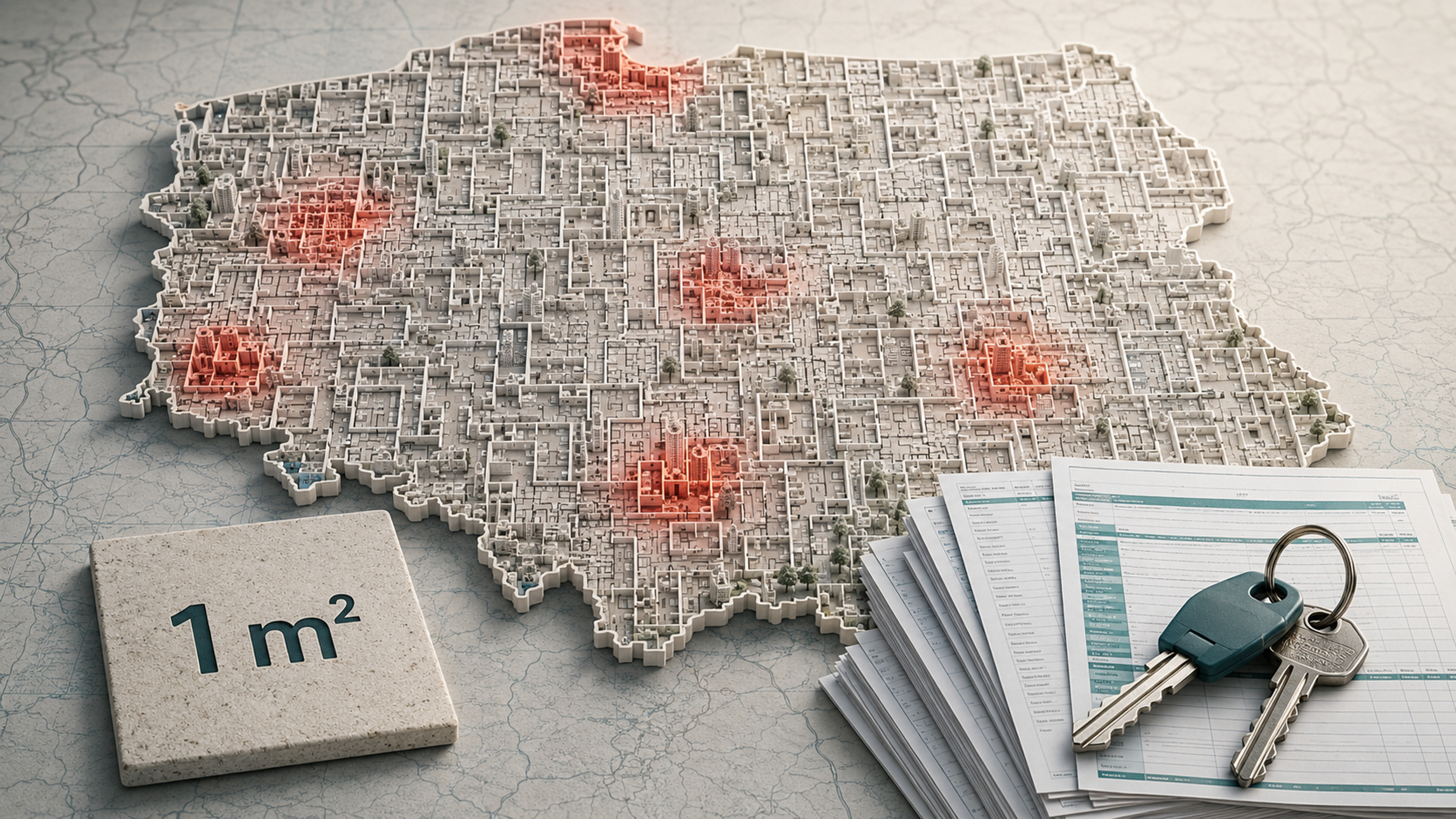 Konceptualna mapa Polski złożona z planów mieszkań, z podświetlonymi drogimi rynkami, płytką 1 m², dokumentami i kluczami