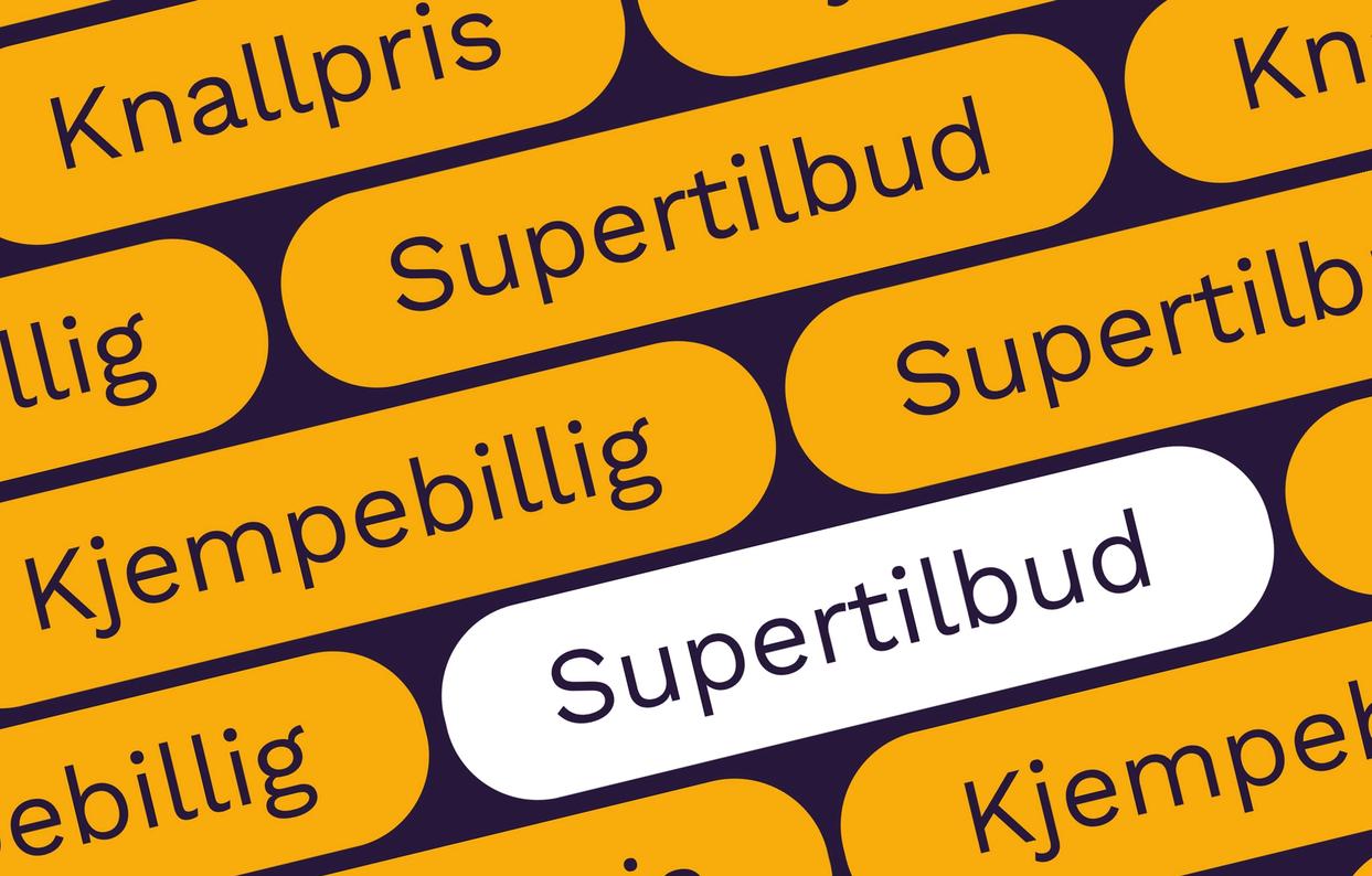 På bildet syns orden "Supertilbud", "Kjemebillig" og "Knallpris"