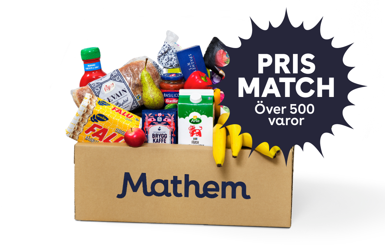 På bilden syns en Mathemlåda fylld med varor, och texten "Prismatch, över 500 varor"