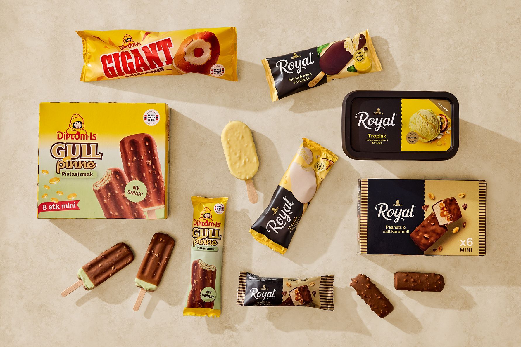 På bildet syns en rekke varer fra Diplom-is