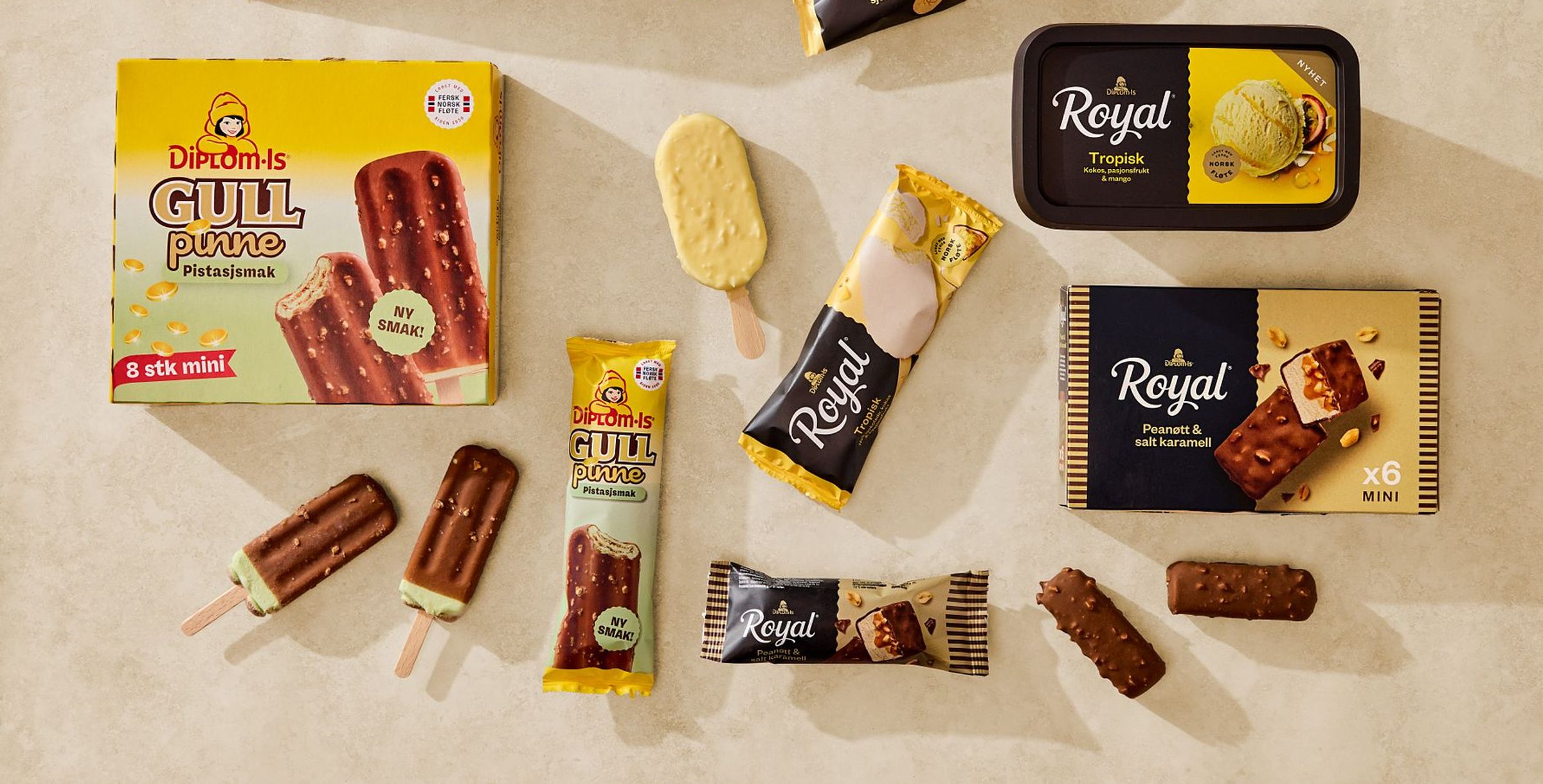 På bildet syns en rekke varer fra Diplom-is