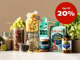 På bilden syns flera varor mot en ljusbeige bakgrund, och texten "Upp till 20%"