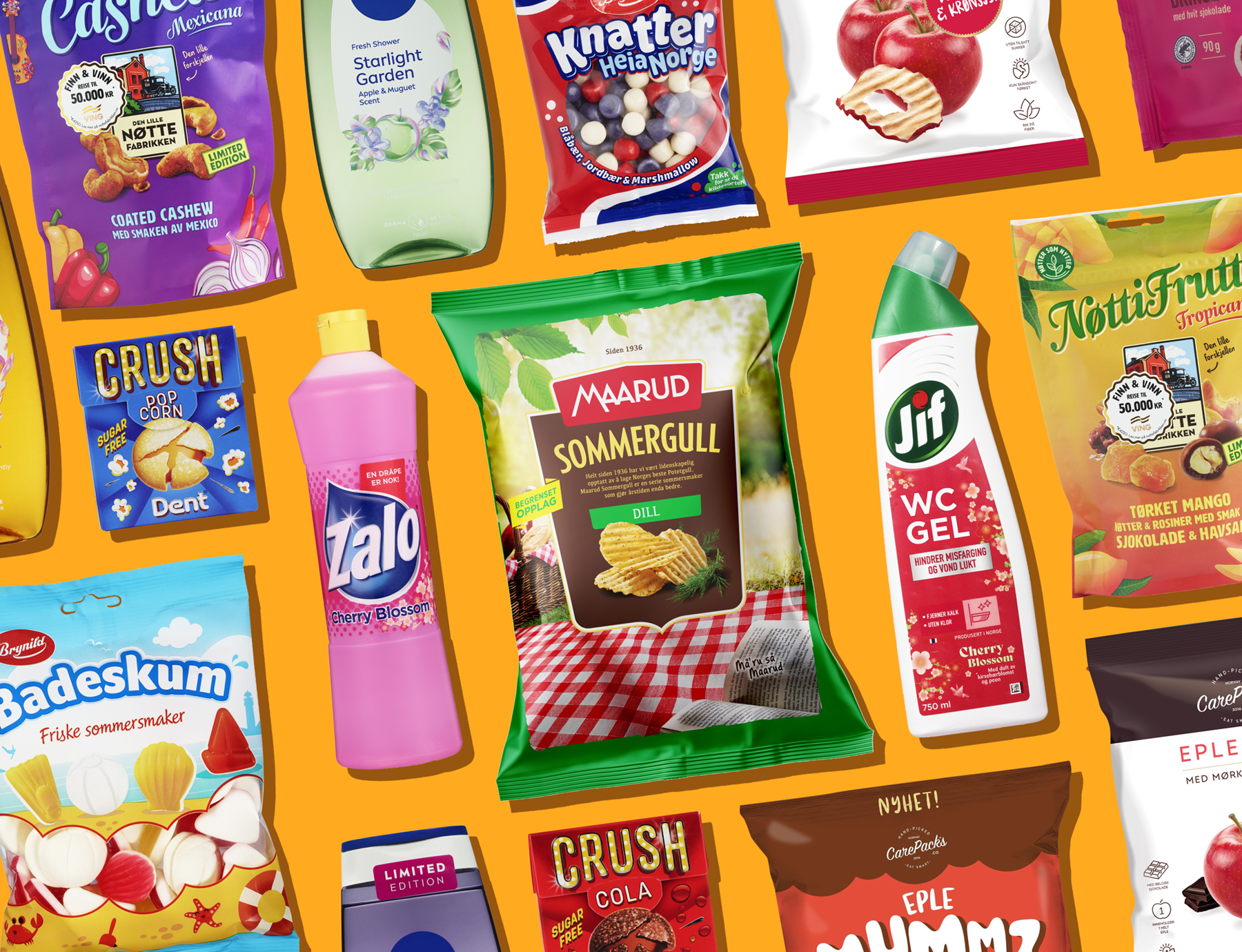 På bildet synes flere varer mot en gul bakgrunn