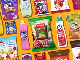 På bildet synes flere varer mot en gul bakgrunn