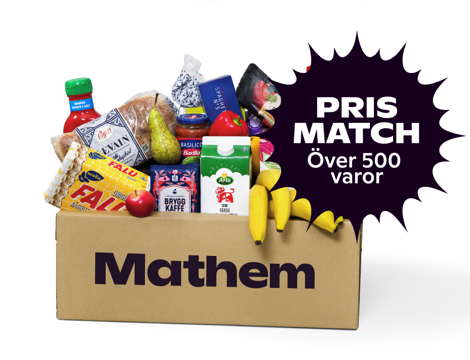 På bilden syns en Mathemlåda fylld med varor, och texten "Prismatch, över 500 varor"