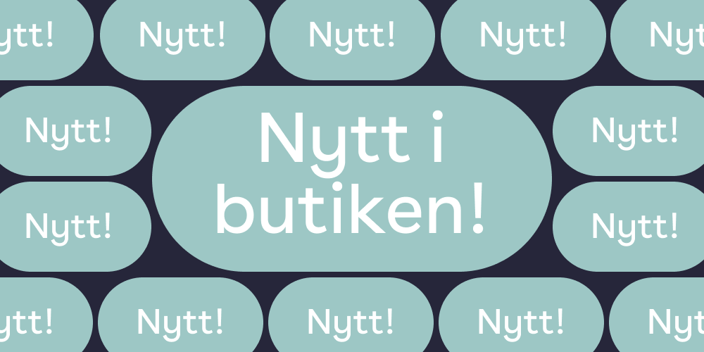 På bilden syns texten "Nytt i butiken" i flera små tankebubblor, mot en mörkblå bakgrund. 
