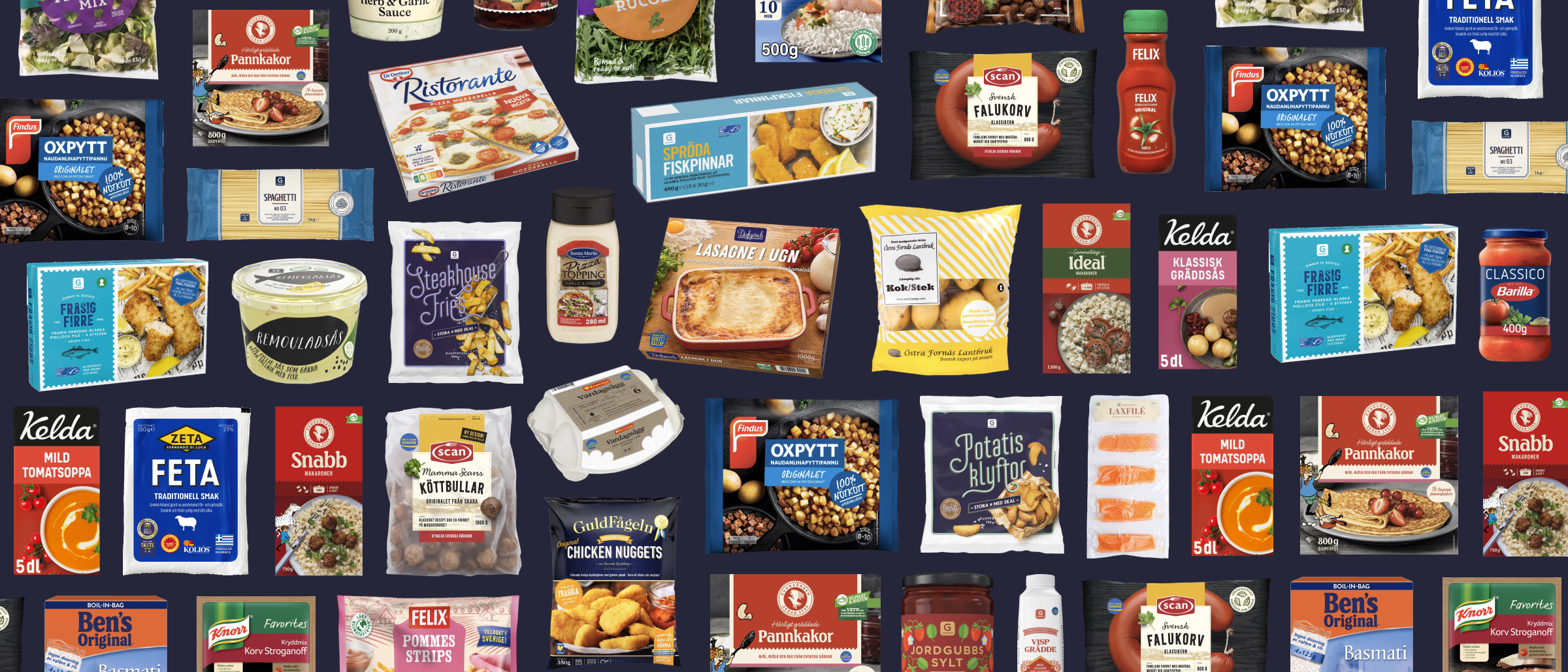 På bilden syns massor av olika produktbilder mot en mörkblå bakgrund. 
