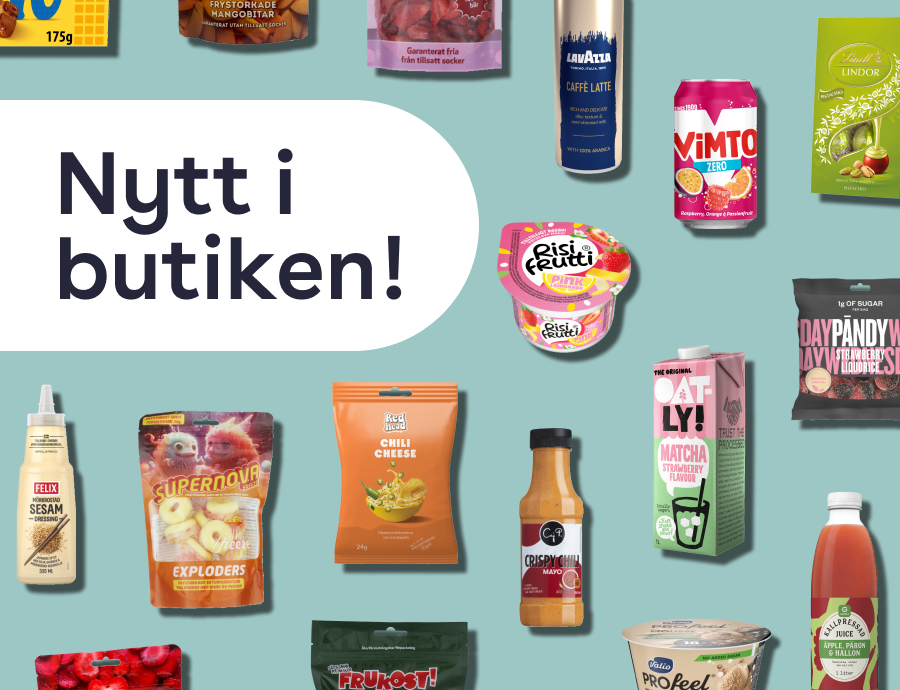 På bilden syns flera varor mot en ljusgrön bakgrund, och texten "Nytt i butiken"
