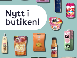 På bilden syns flera varor mot en ljusgrön bakgrund, och texten "Nytt i butiken"
