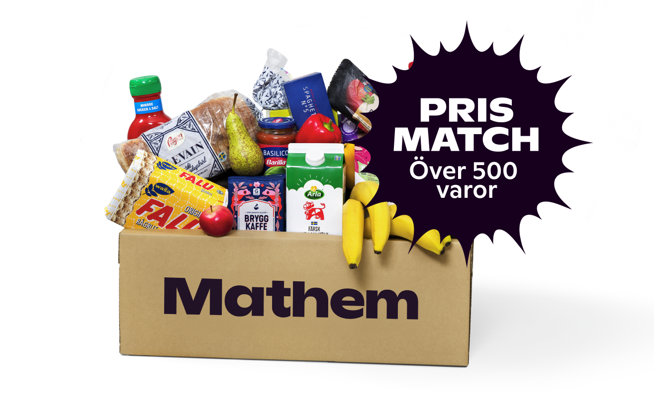 På bilden syns en Mathemlåda fylld med varor, och texten "Prismatch, över 500 varor"