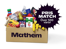 På bilden syns en Mathemlåda fylld med varor, och texten "Prismatch, över 500 varor"