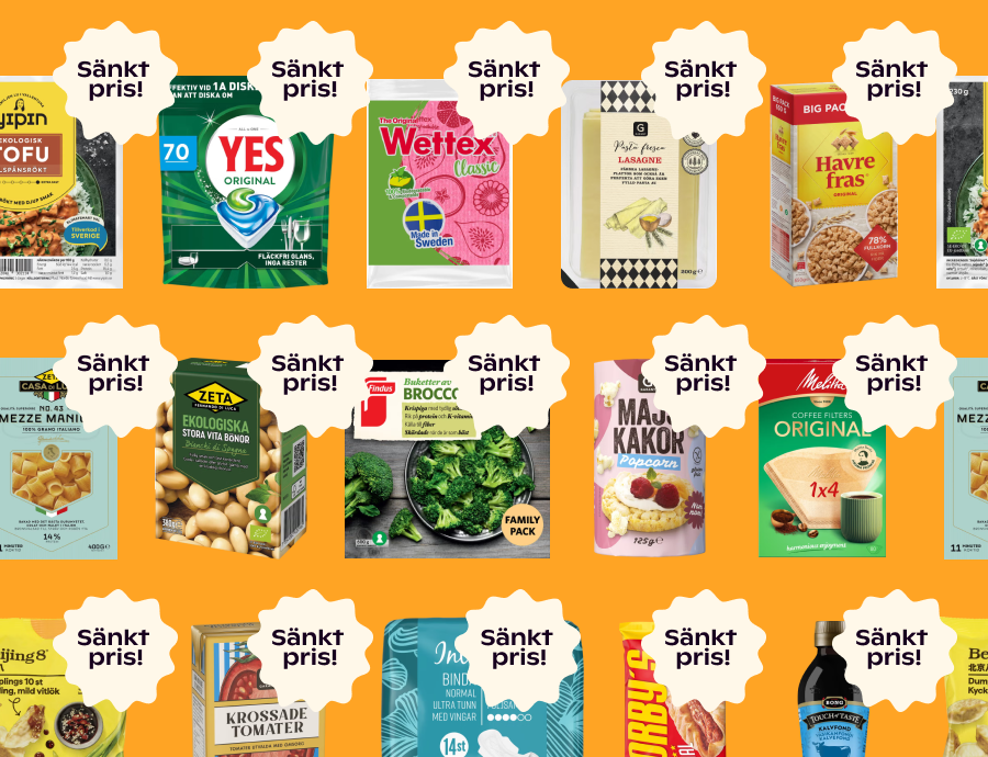 På bilden syns flera rader med produkter mot en orange bakgrund. Varje produkt har texten "Sänkt pris" bredvid