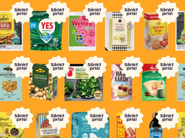 På bilden syns flera rader med produkter mot en orange bakgrund. Varje produkt har texten "Sänkt pris" bredvid