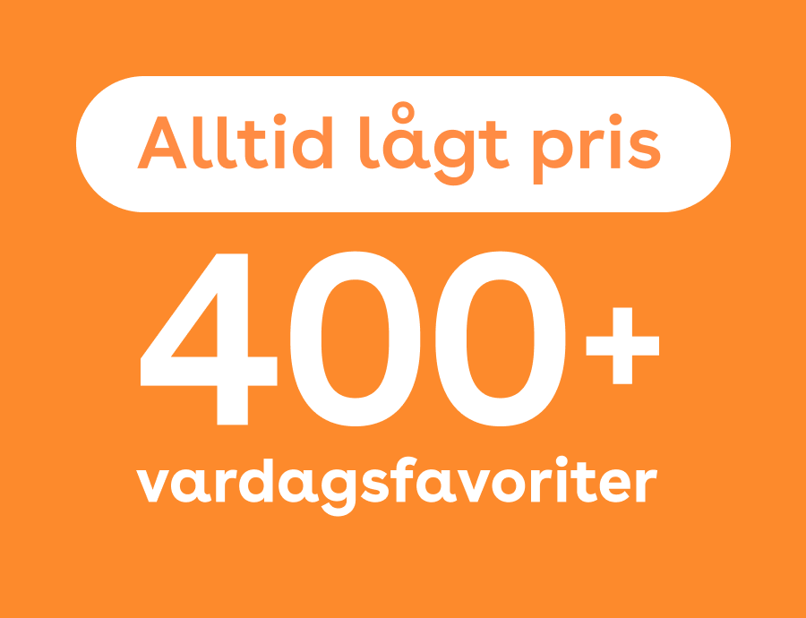 På bilden syns texten "Alltid lågt pris. 400+ vardagsfavoriter" mot en orange bakgrund