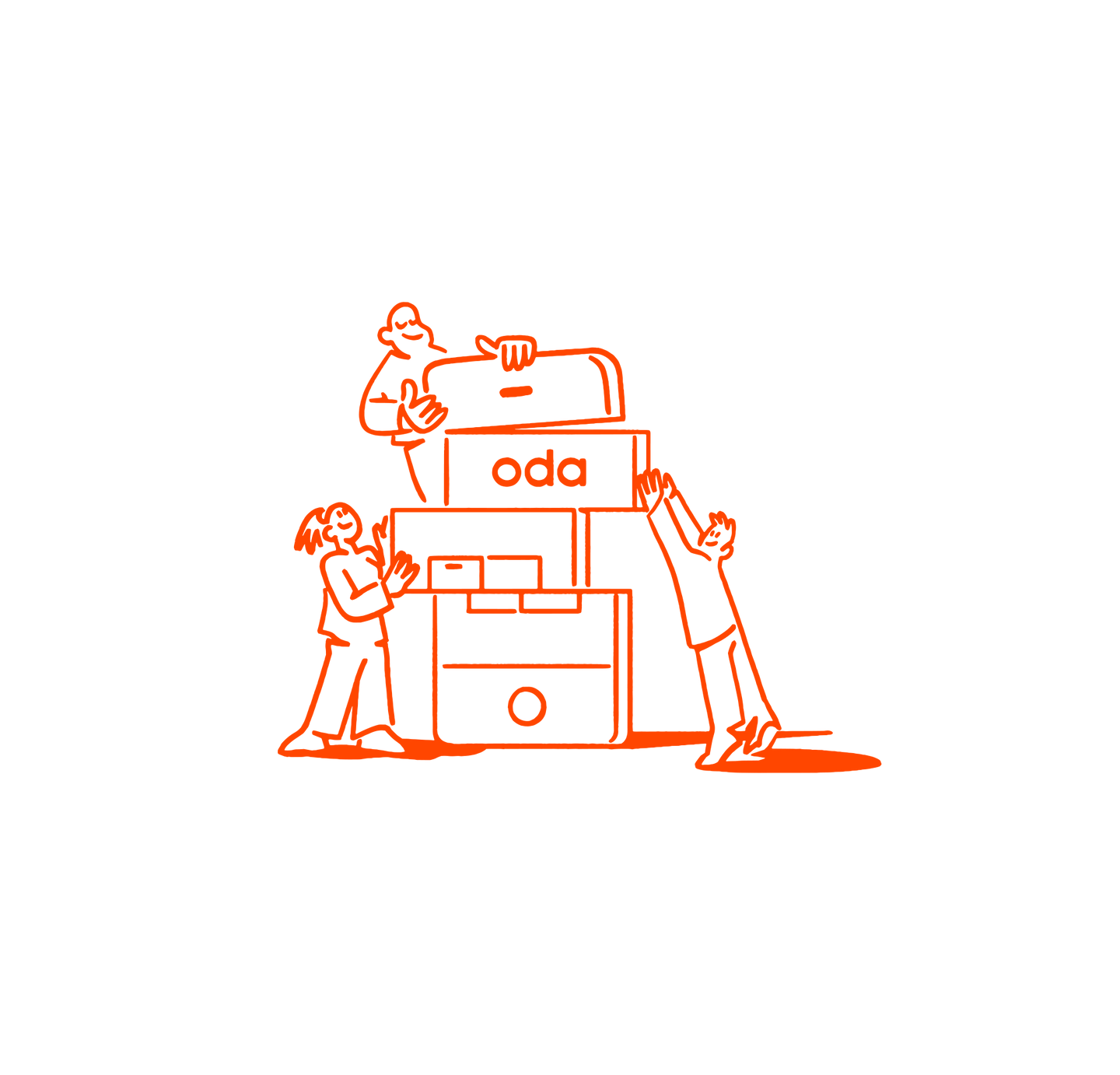 Oranssilla värillä tehty ääriviivapiirros kolmesta henkilöstä, jotka työskentelevät yhdessä. Henkilöt kokoavat jättimäistä puhelinta esittävää tornia, joka koostuu neljästä palasta.