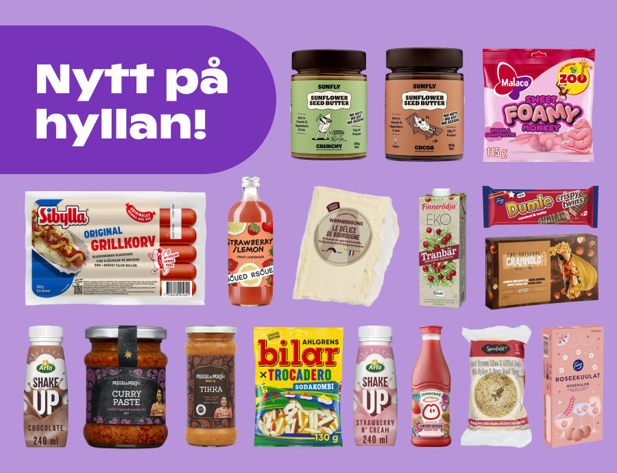 På bilden syns massor av utvalda varor från Mathems nyheter, mot en lila bakgrund