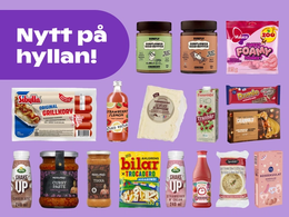 På bilden syns massor av utvalda varor från Mathems nyheter, mot en lila bakgrund