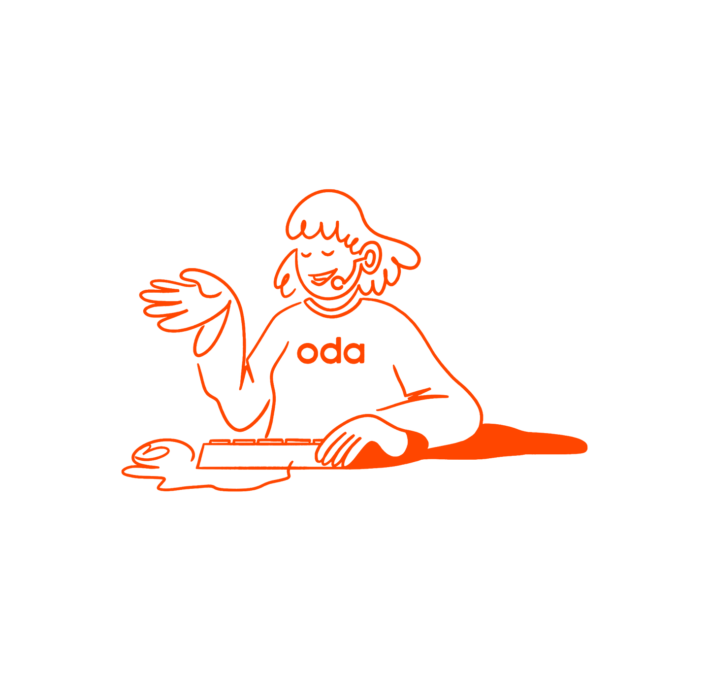 Oranssilla värillä tehty ääriviivapiirros Odan iloisesta asiakaspalvelijasta, joka keskustelee asiakkaan kanssa puhelimessa.