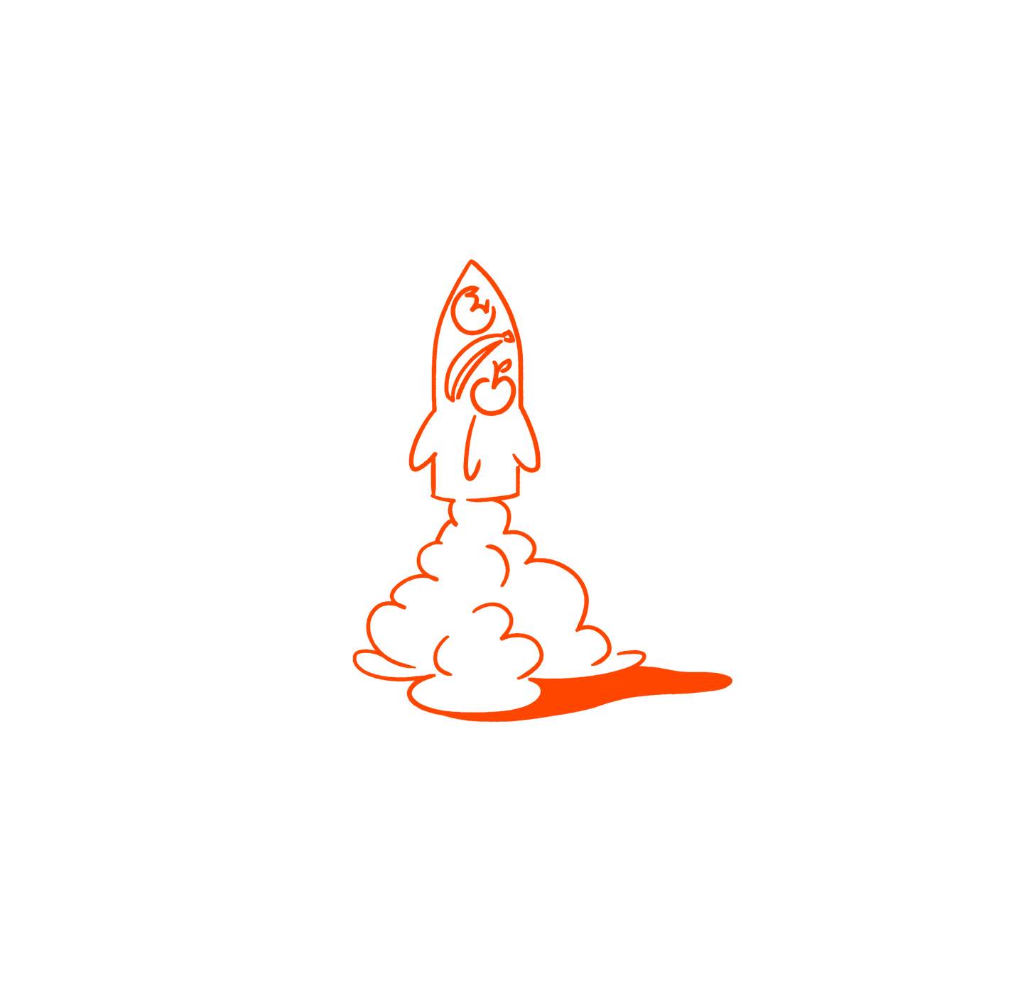 Oranssilla värillä tehty ääriviivapiirros raketista, joka on juuri lähtenyt lentoon.