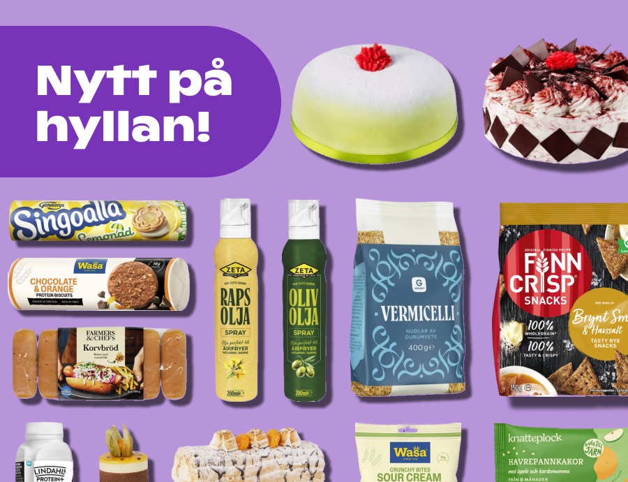 På bilden syns en massa produkter mot en lila bakgrund. På bilden syns också texten "Nytt på hyllan!"