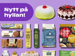På bilden syns en massa produkter mot en lila bakgrund. På bilden syns också texten "Nytt på hyllan!"
