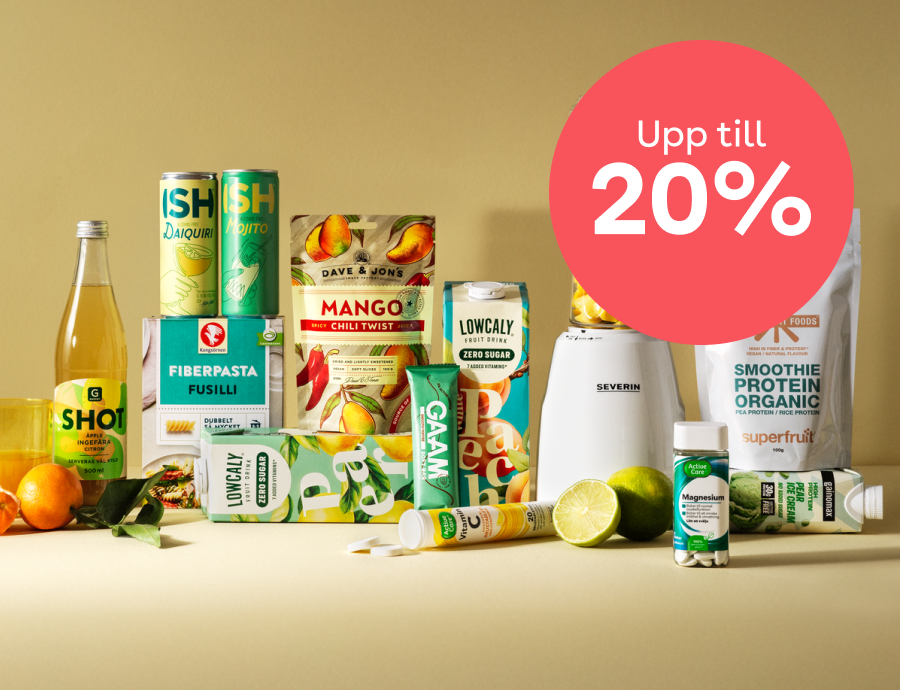 På bilden syns flera varor mot en ljus bakgrund, och texten "upp till 20%"