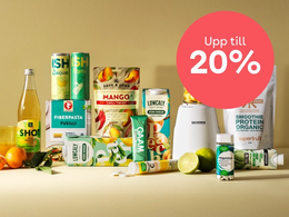 På bilden syns flera varor mot en ljus bakgrund, och texten "upp till 20%"