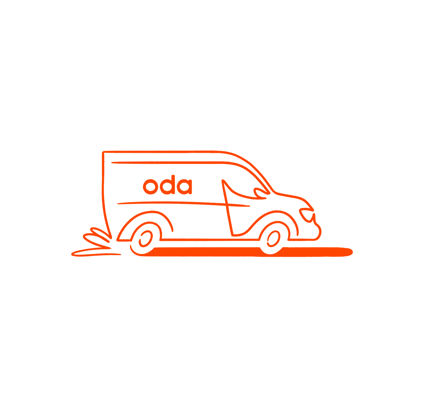 Oranssilla värillä tehty ääriviivapiirros Odan kuljetusautosta.