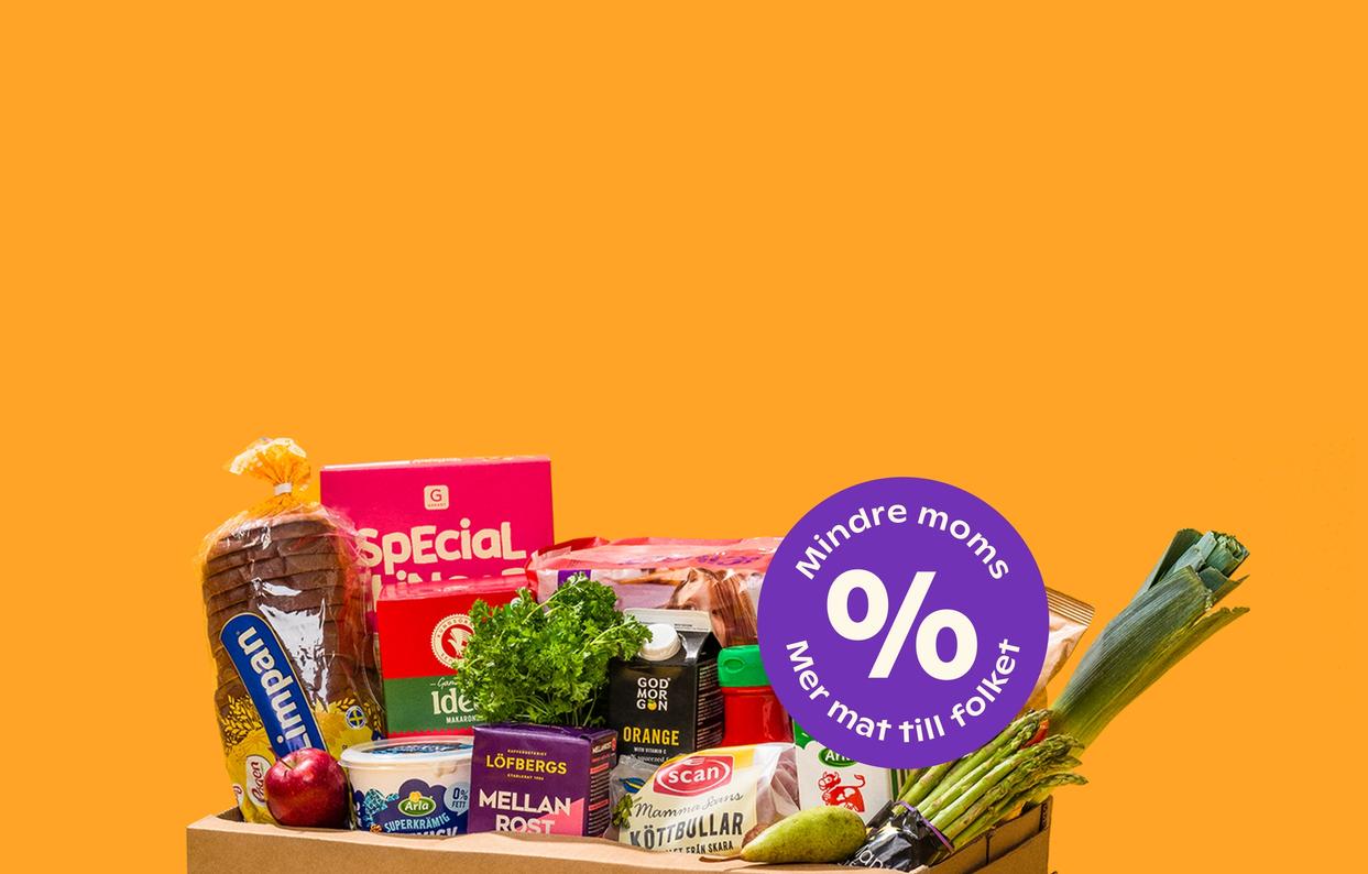 På bilden syns en Mathemlåda fylld med varor mot en orange bakgrund och texten "Vi halverar matmomsen redan nu"