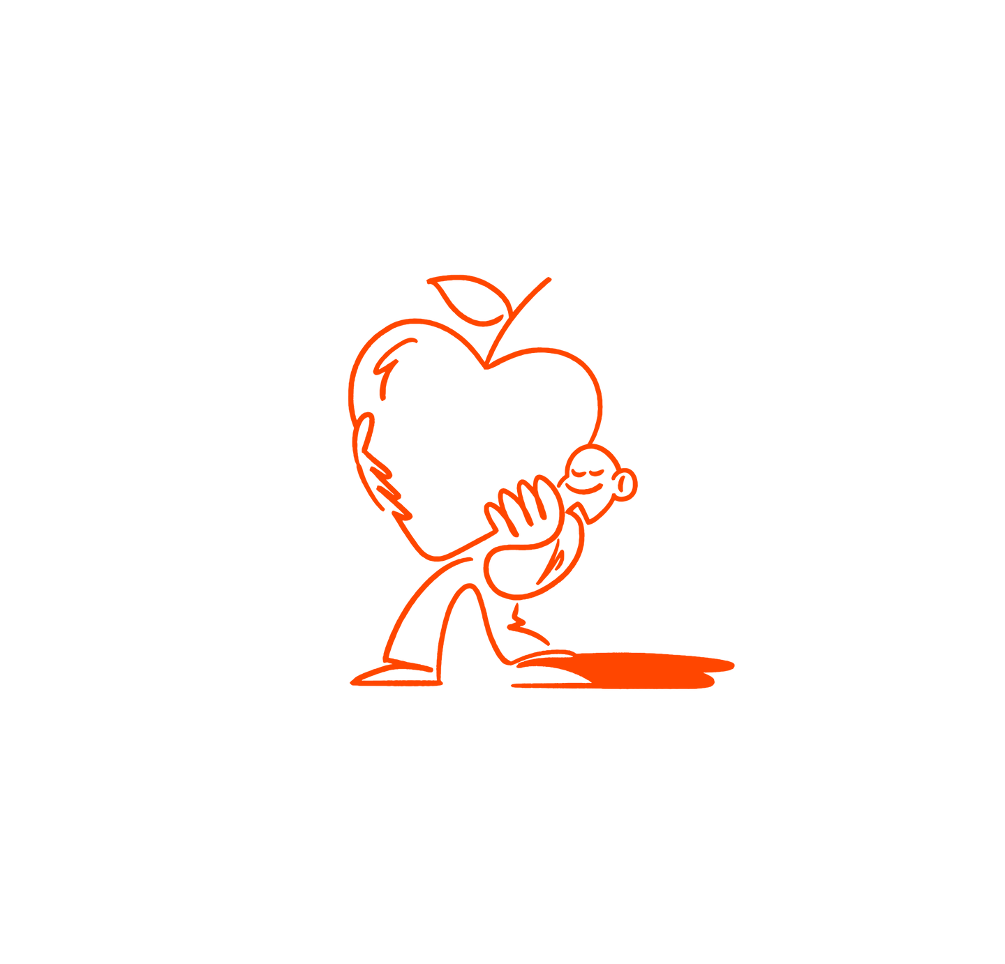 Oranssilla värillä tehty ääriviivapiirros henkilöstä, joka kantaa sylissään suurta sydämenmuotoista omenaa.