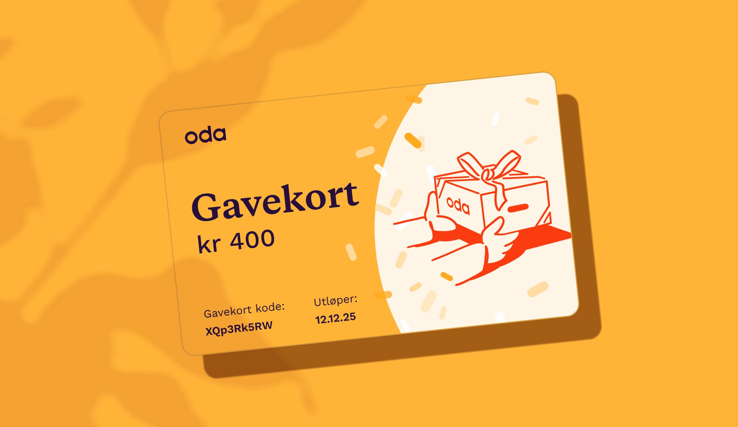 På bildet syns en oransje bakgrunn med et gavekort fra Oda