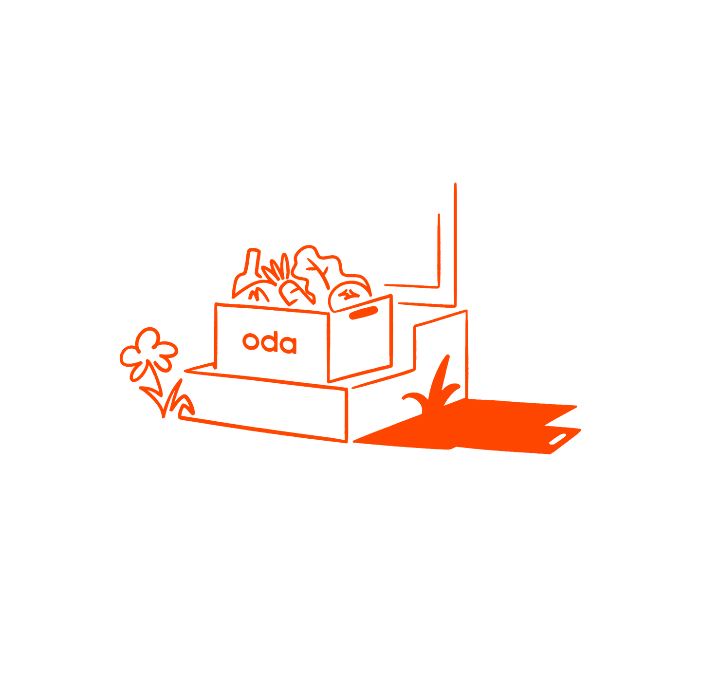 Oranssilla värillä tehty ääriviivapiirros ruokaa täynnä olevasta Odan kuljetuslaatikosta, joka on nostettu kotiovelle vieville portaille.