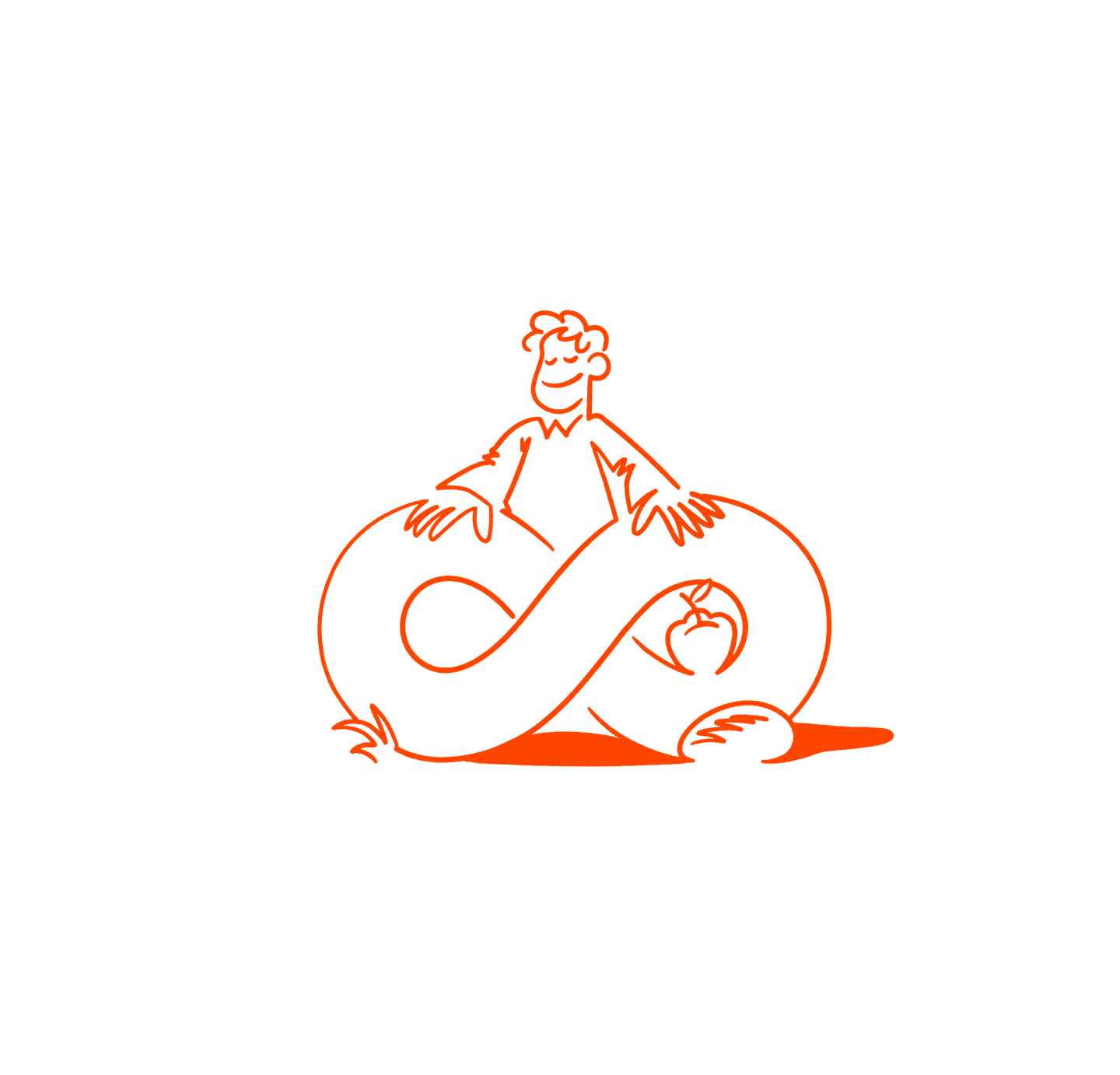 Oranssilla värillä tehty ääriviivapiirros henkilöstä, jonka seisoo suuren äärettömyyden symbolin takana.