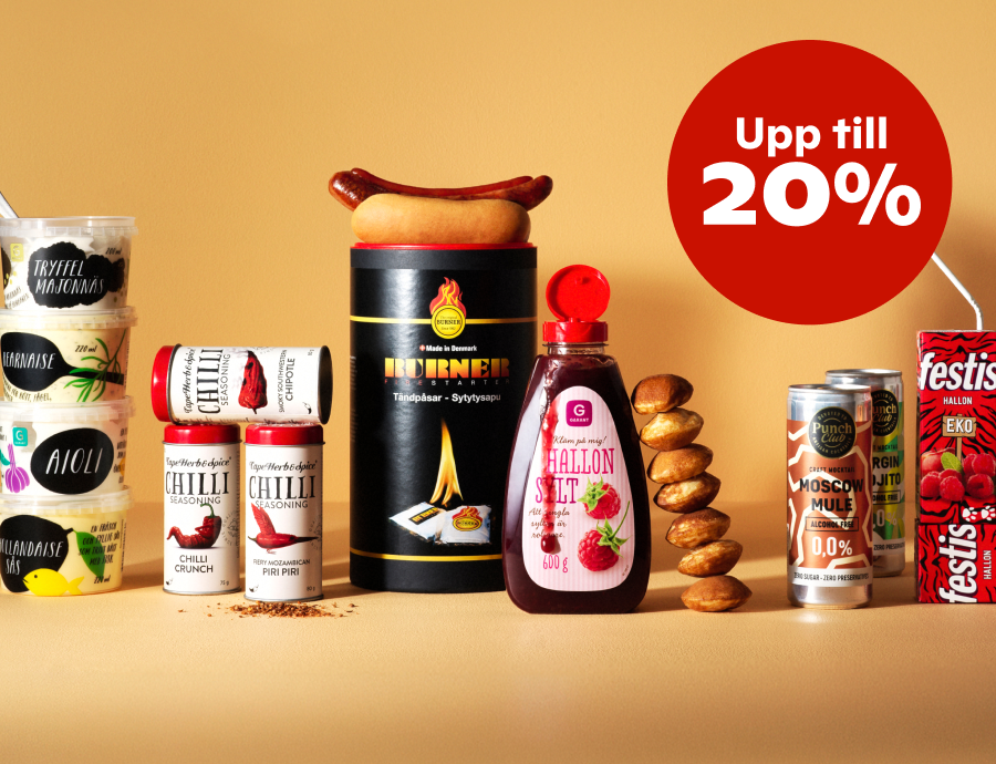 På bilden syns ett urval av produkter mot en gulbeige bakgrund, med en röd cirkel ovanför där det står "Upp till 20%"