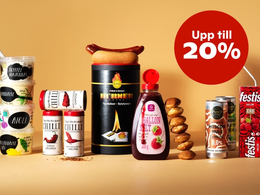 På bilden syns ett urval av produkter mot en gulbeige bakgrund, med en röd cirkel ovanför där det står "Upp till 20%"