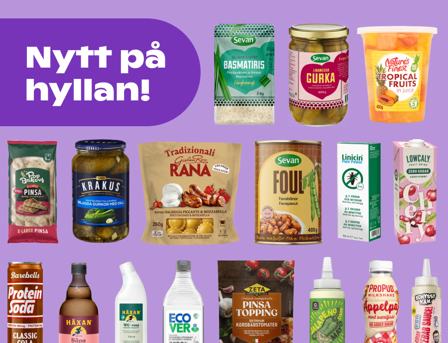 På bilden ser man flera olika varor mot en lila bakgrund, med texten "Nytt på hyllan" uppe i vänstra hörnet