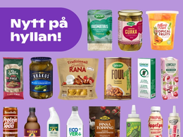 På bilden ser man flera olika varor mot en lila bakgrund, med texten "Nytt på hyllan" uppe i vänstra hörnet