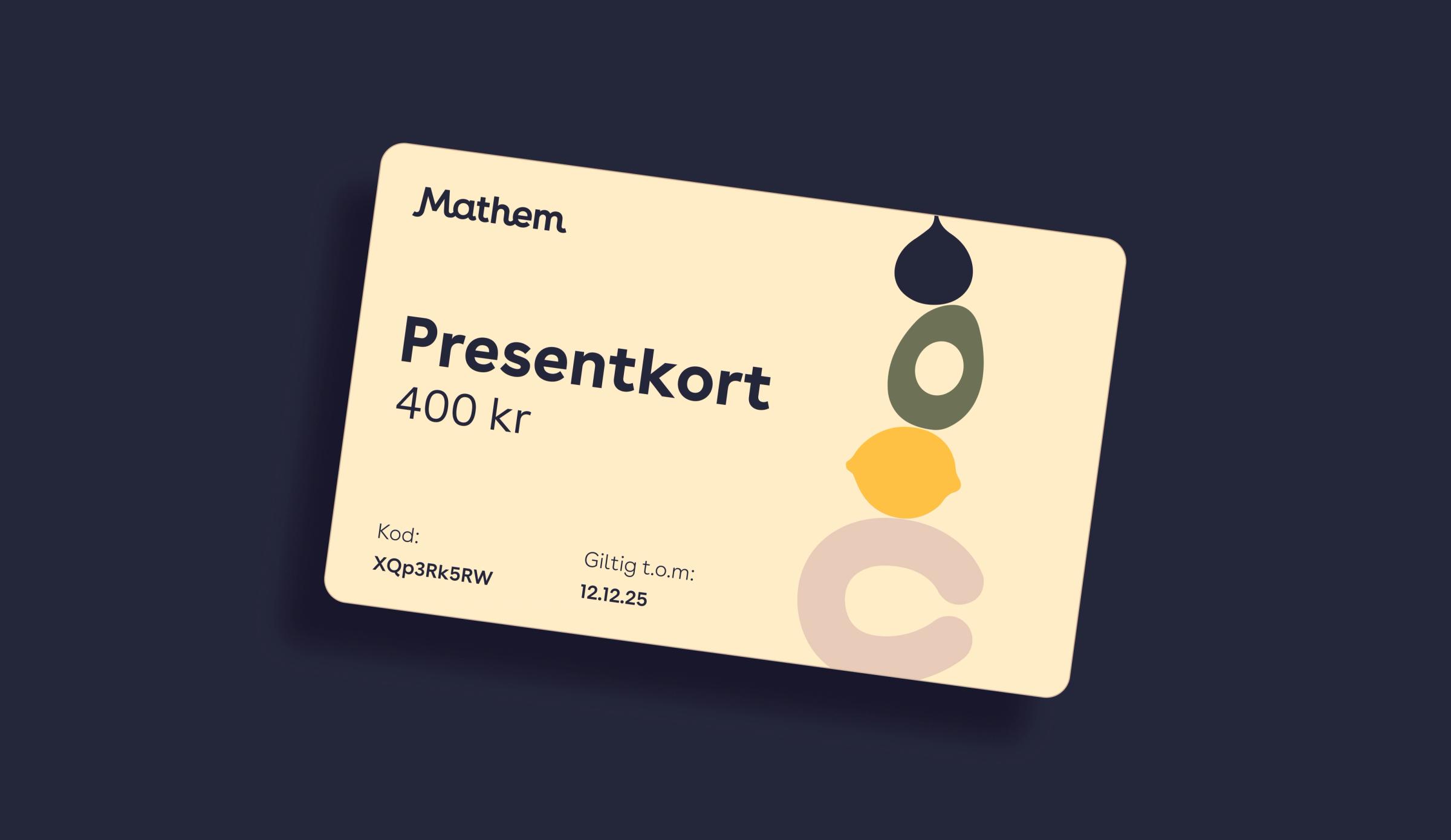 På bilden syns en illustration av ett presentkort på Mathem, mot en mörkblå bakgrund