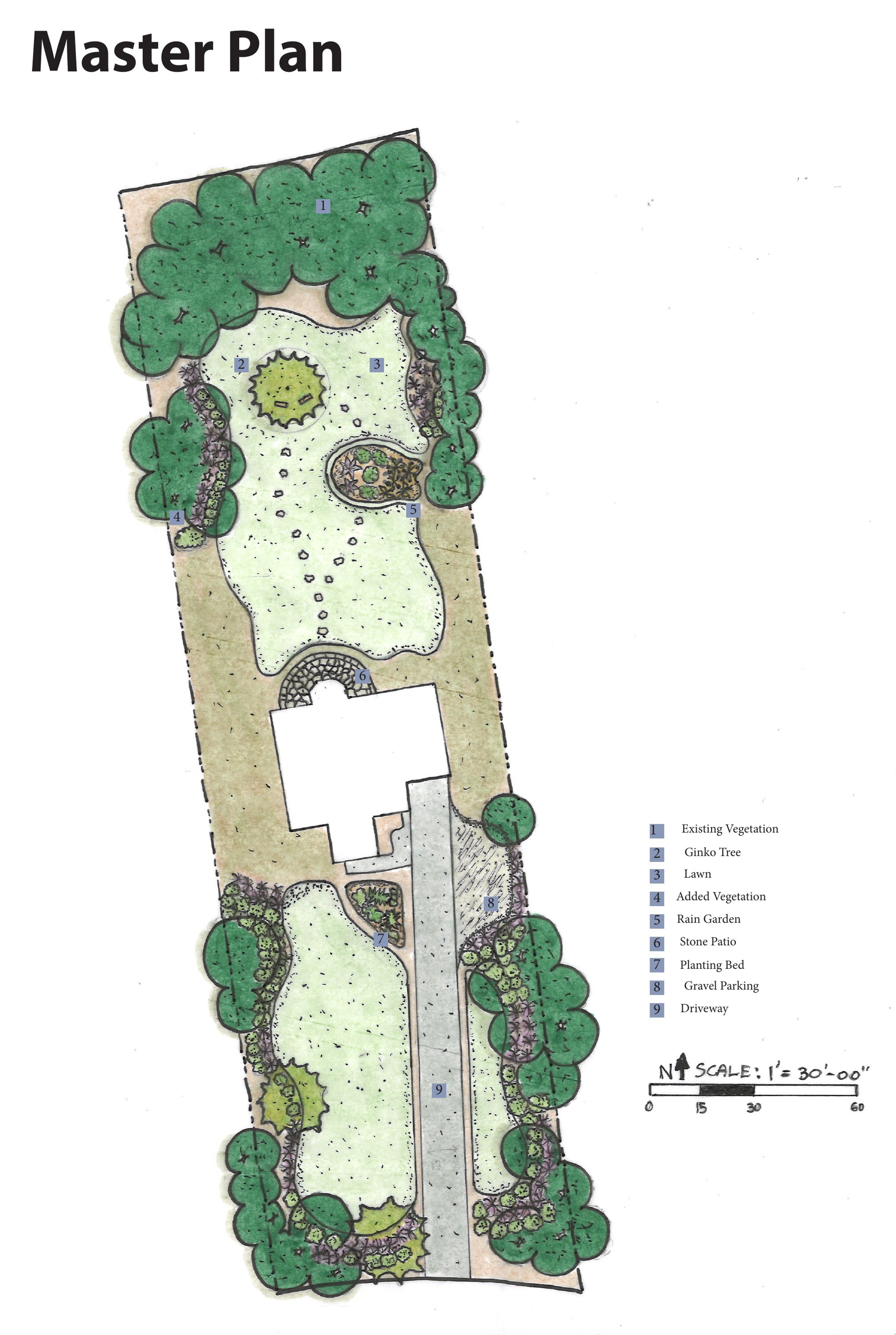 Hale Dr master plan showing residential lot with stone patio, lawn, rain garden, and Ginkgo tree feature