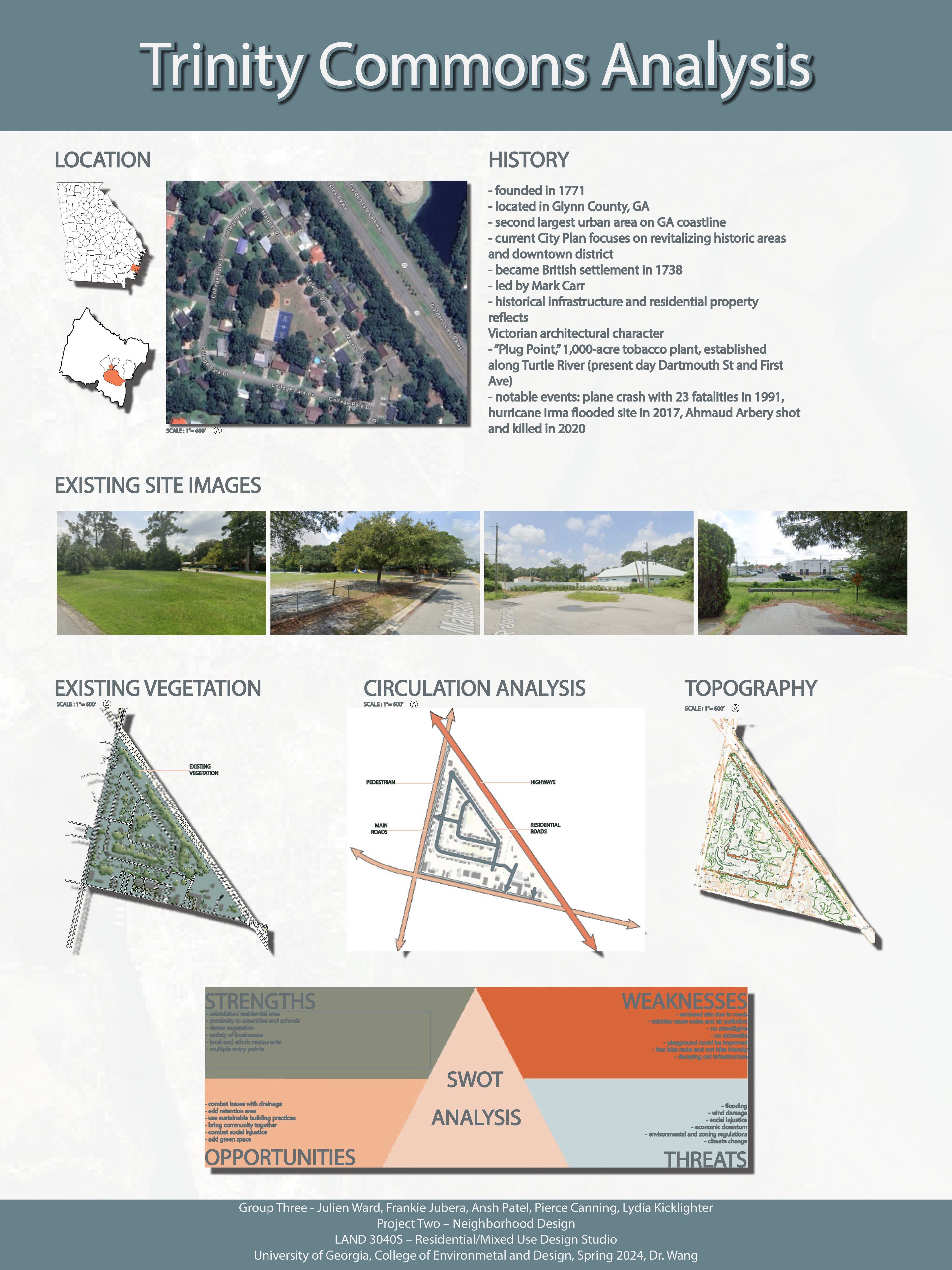 Trinity Commons site analysis: location, history, existing site images, vegetation, circulation, topography, and SWOT diagram