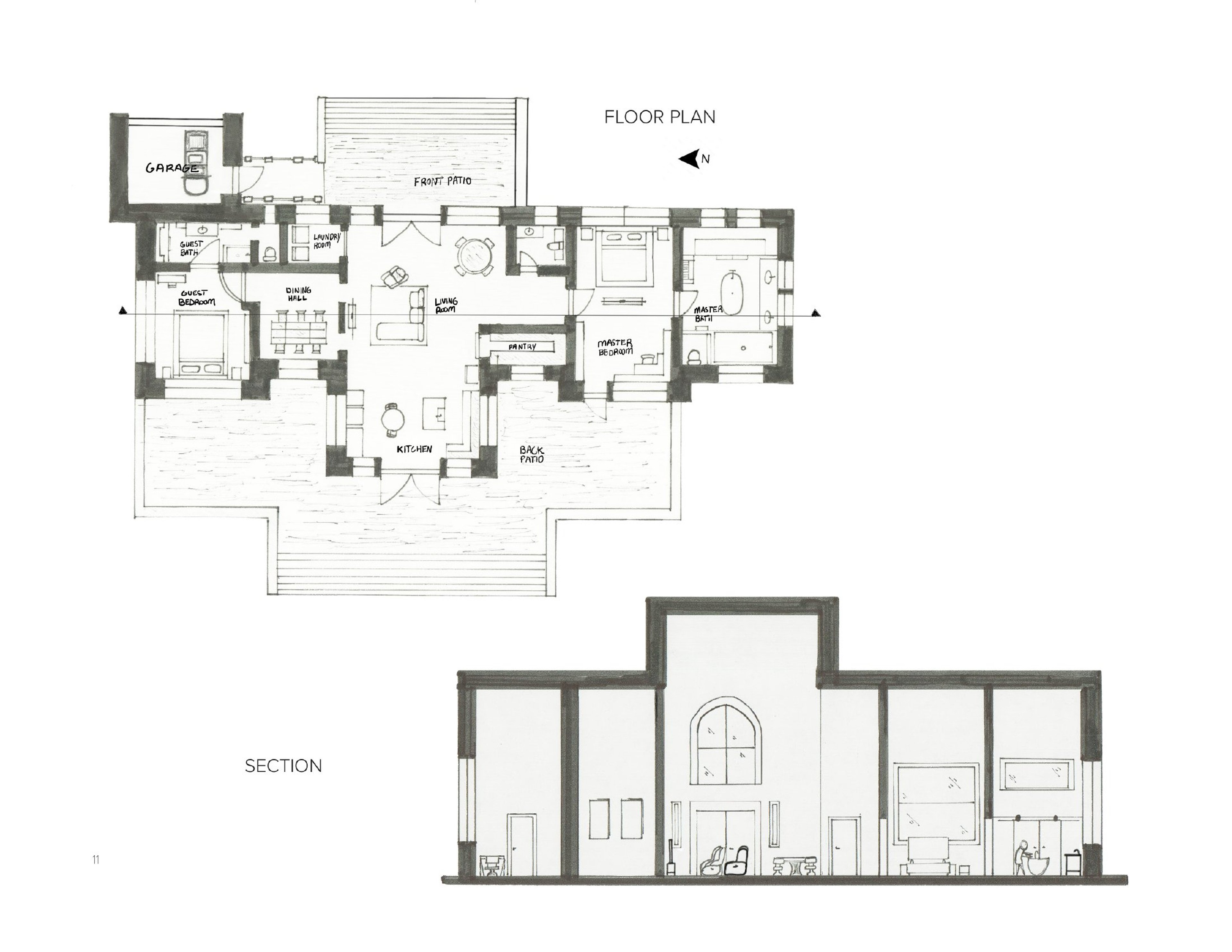 Casa de Castile floor plan and building section showing program organization
