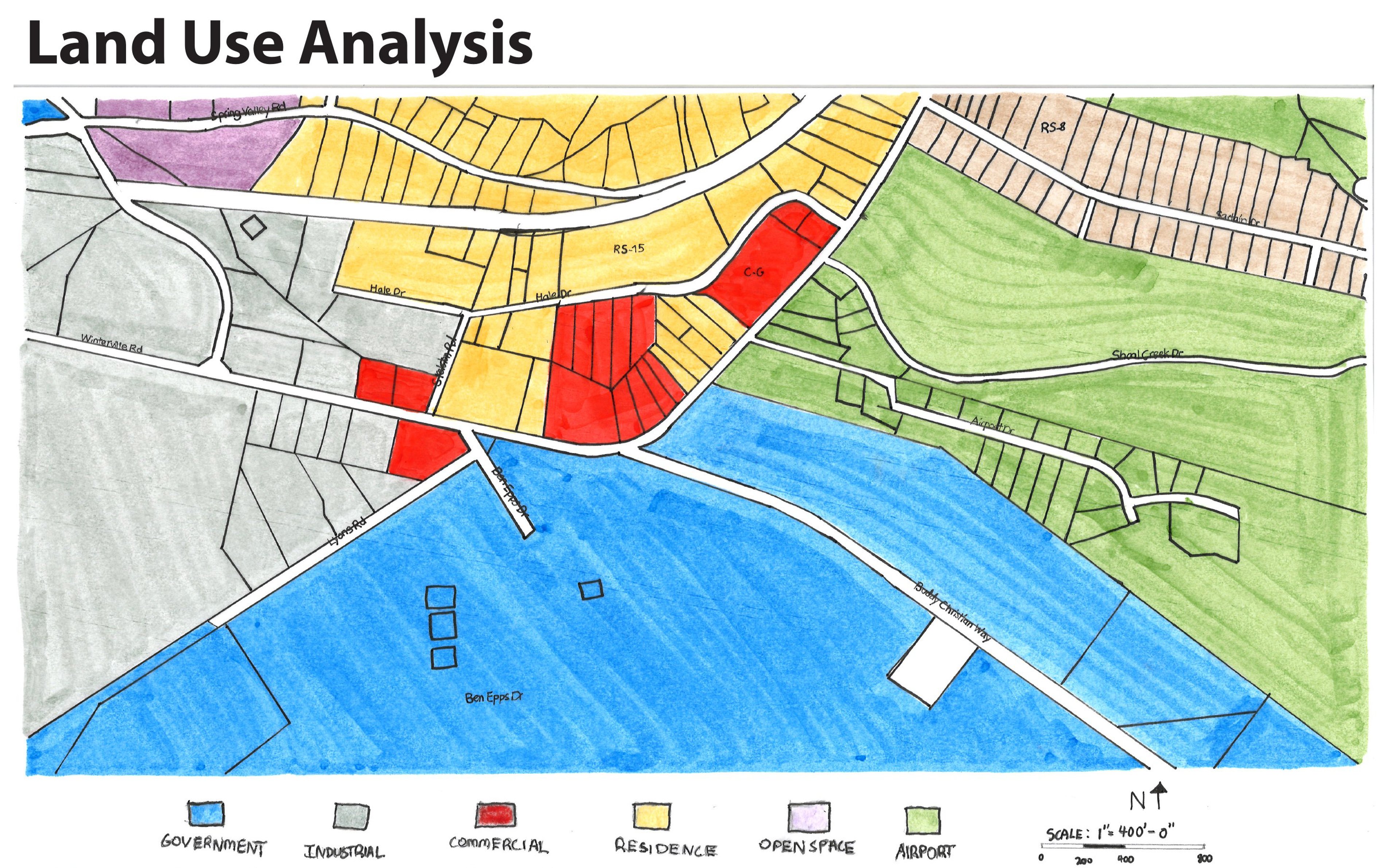 Land use analysis showing surrounding zoning categories: government, industrial, commercial, residence, open space, and airport