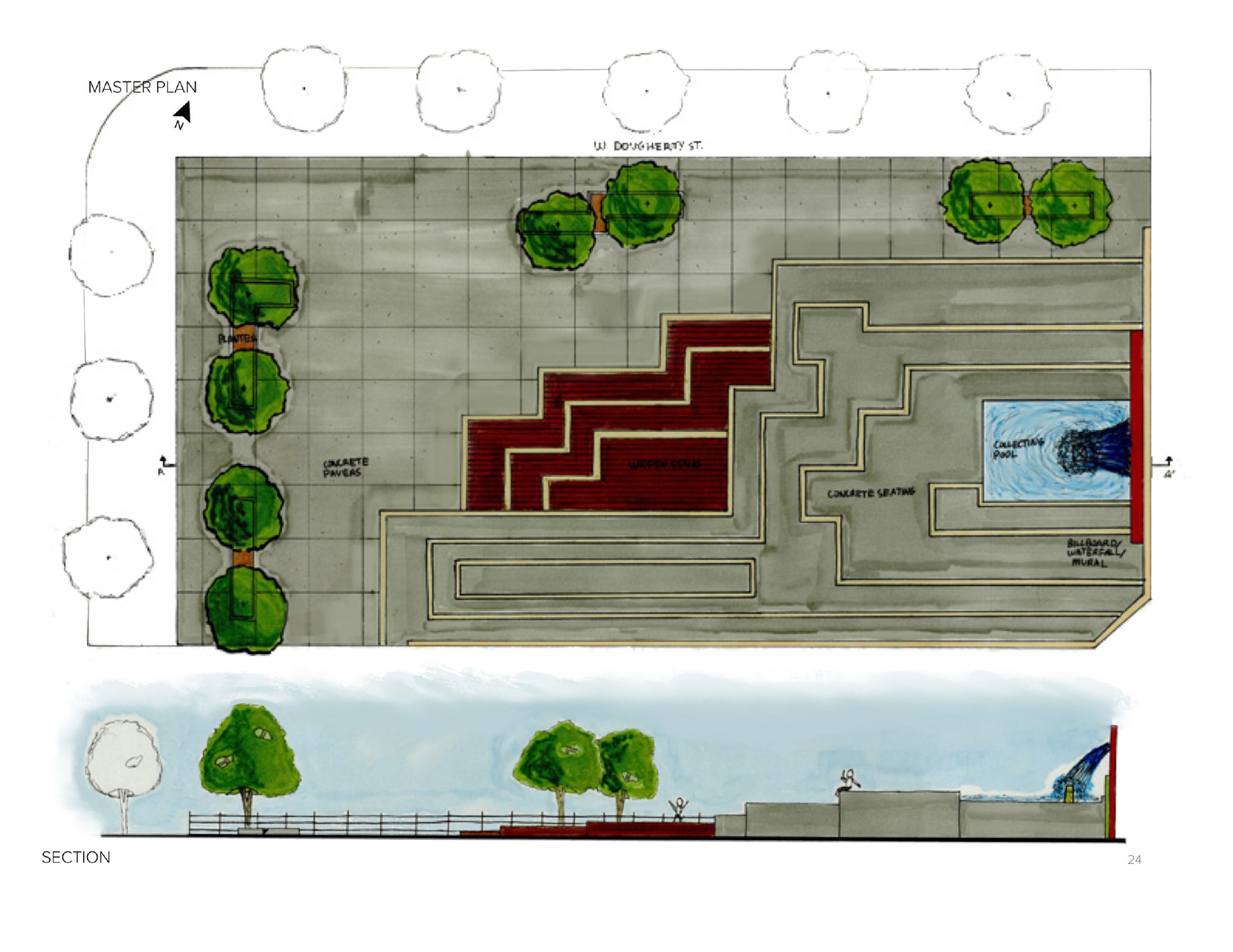 Falls Plaza perspective view showing tiered seating and brick mural with cascading waterfall